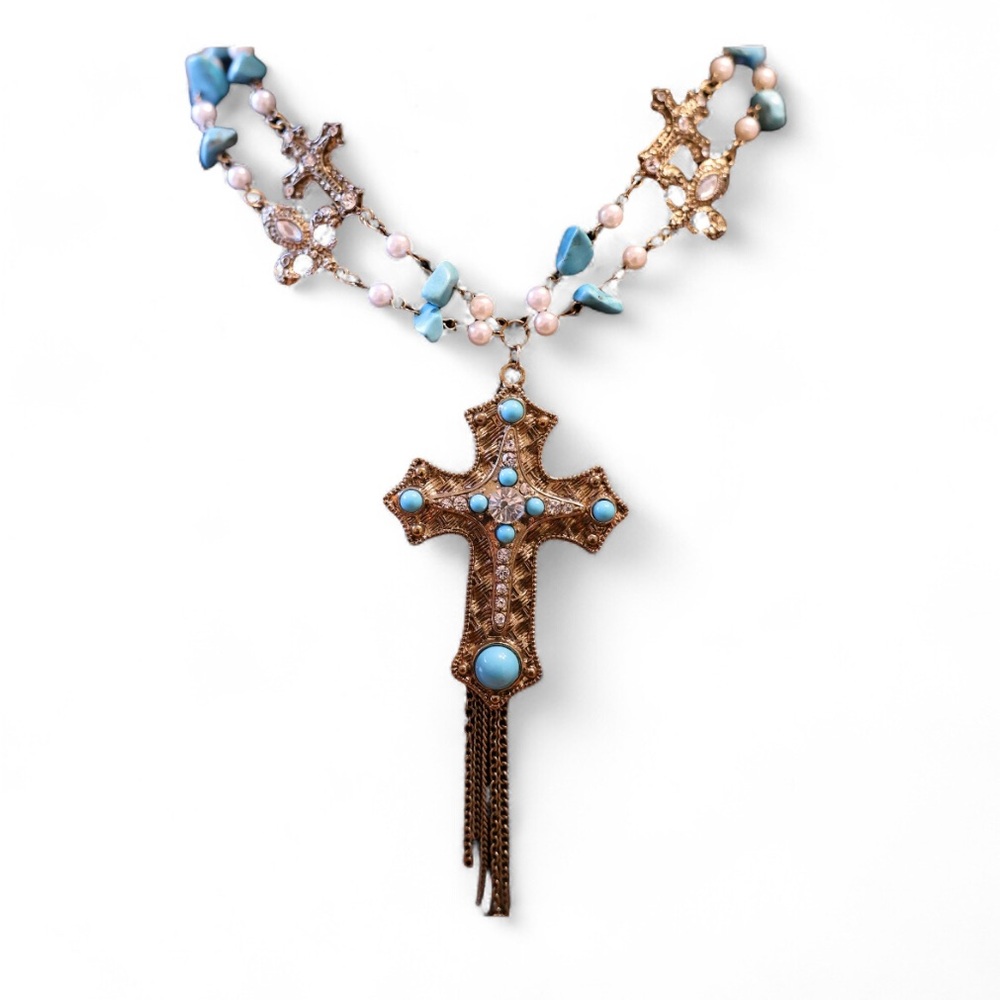 Turquoise and Gold Cross Pendant Necklace